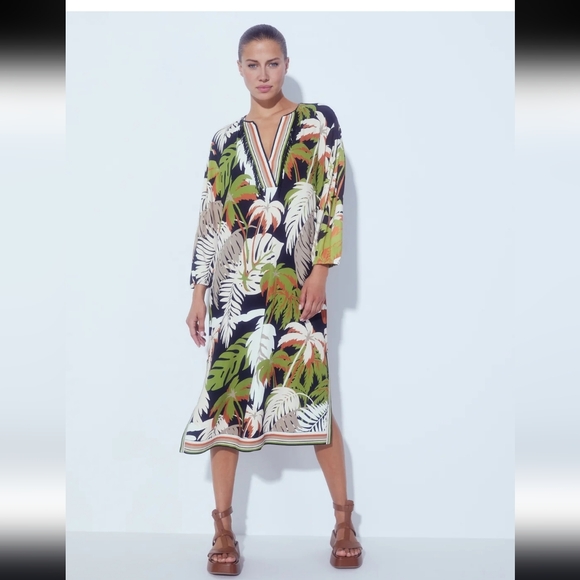 Marc Cain Dresses & Skirts - Marc Cain Deep Olive Tropical Print Loose Fit Midi Dress EUC Size N3 / 8